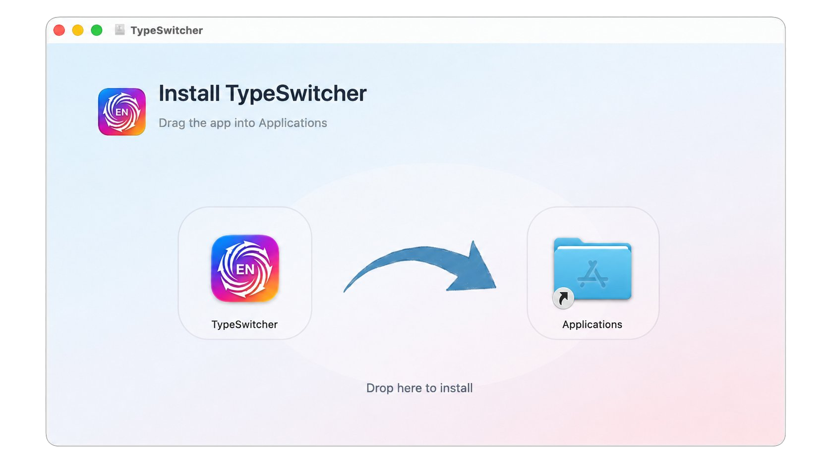 TypeSwitcher installer window showing the app icon being dragged into Applications